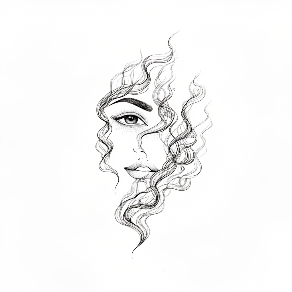 Tattoo b’linji fini ta’ tendrils ta’ duħħan li jiċċirkolaw u jiffurmaw is-siluwett tal-profil ta’ mara, b’ċapep irqaq li jduru lejn spazju miftuħ.