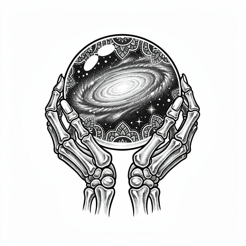 Sfera tal-kristall b’dotwork miżmuma minn idejn skeletriċi, li fiha galassja żgħira ddur ta’ nebulae u stilel.