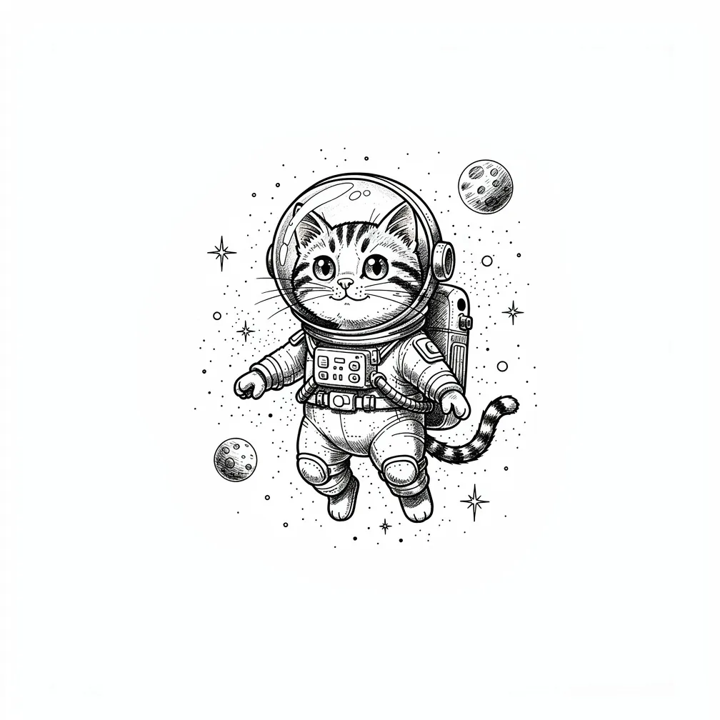 Un tatuatge il·lustratiu i juganer d’un petit gat astronauta flotant per l’espai amb una peixera com a casc, envoltat d’estrelles i petits planetes.