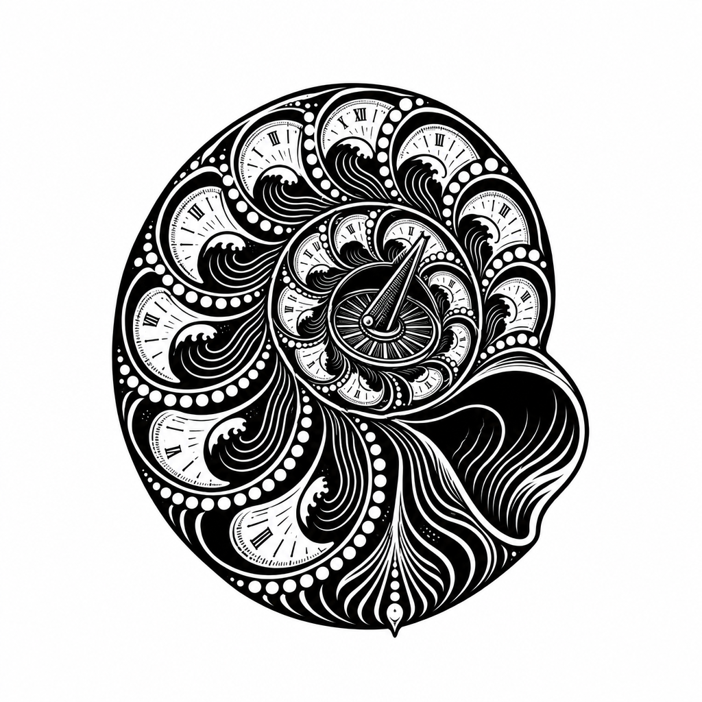 A blackwork nautilus shell tattoo with clock numerals, pearl seams, tidal contour lines, and a brass sundial-like core.