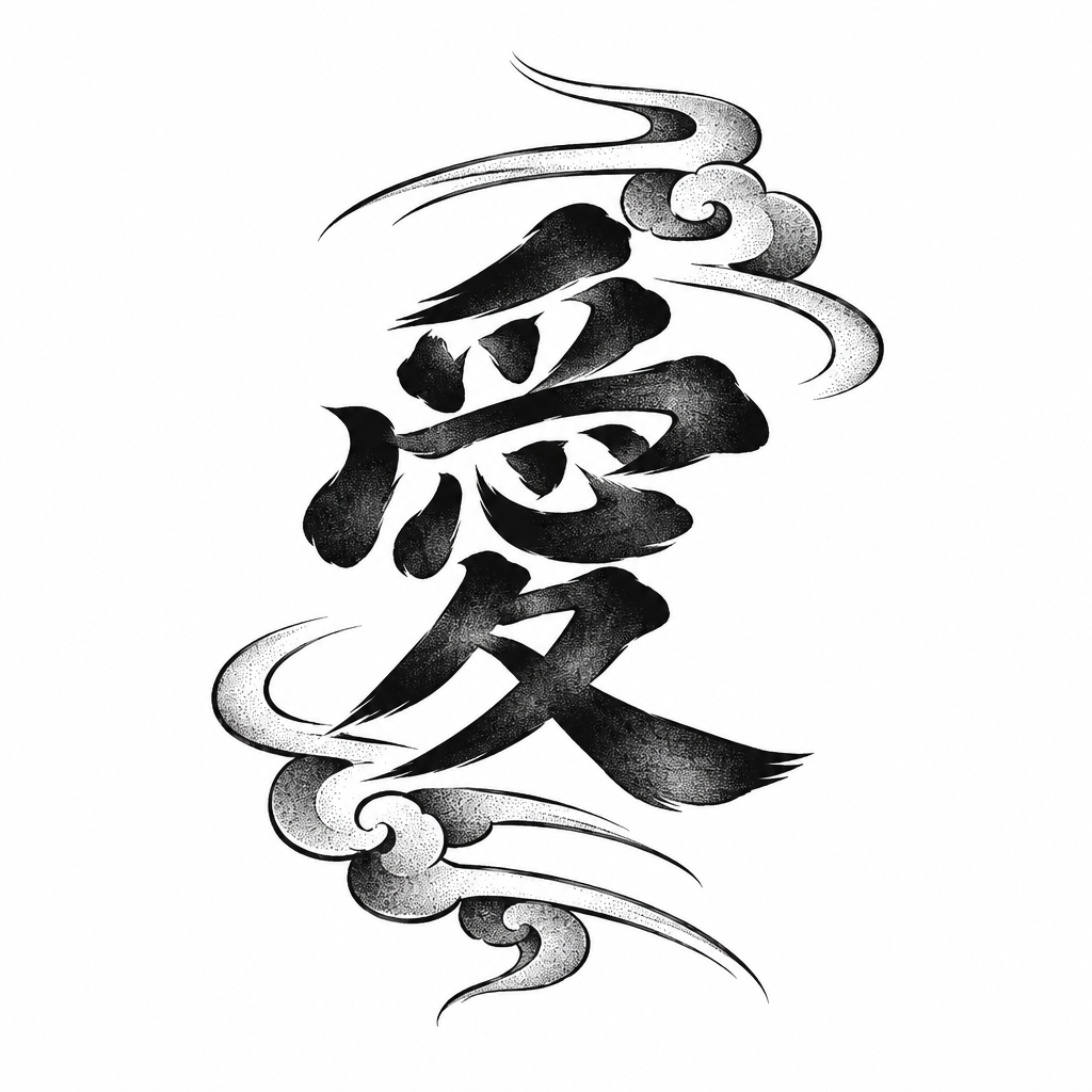 A small Japanese-style lettering tattoo featuring the word love in kanji or brush script.