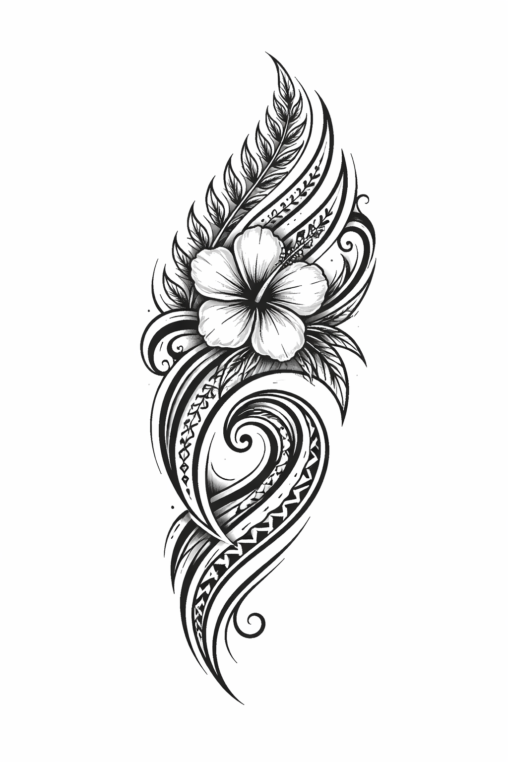 Ein hawaiianisches Tribal-Design (polynesisch) für Frauen mit kräftigen schwarzen geometrischen Motiven, Wellen und tiki-inspirierten Mustern in fließenden ornamentalen Bändern.