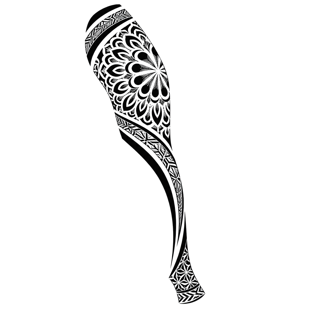 A black ornamental leg tattoo with curved thigh bands, repeating fan and leaf motifs, tapered lower-leg stripes, and a small geometric ankle pattern on white.