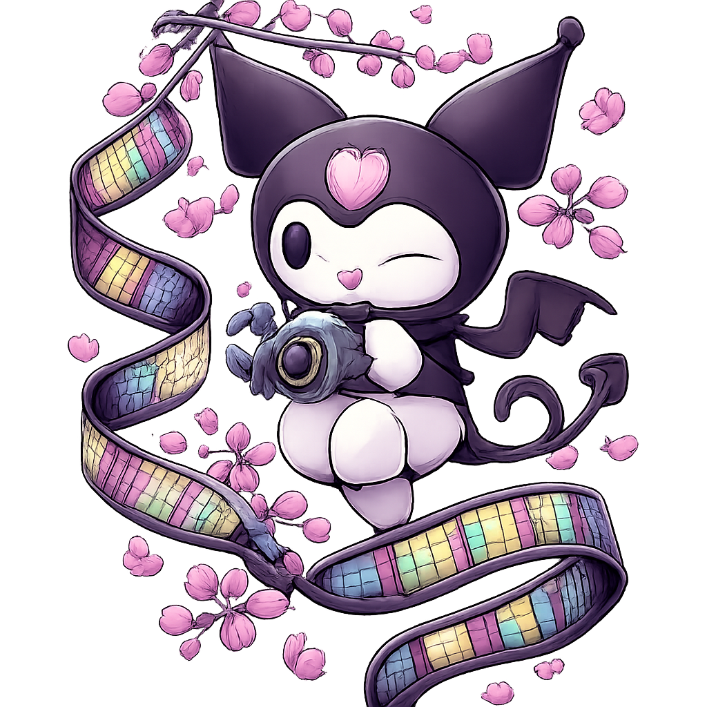 Anime-style Kuromi in devilish black with purple and blue accents holding a camera; 35mm film strips covered in Keroppi images weave through cherry blossoms.