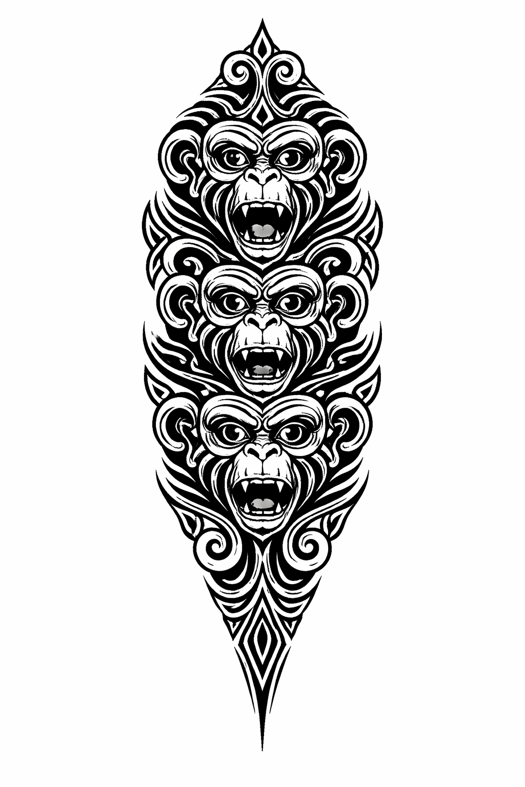 Dreiköpfiger Affe im Borneo‑Tribal‑Stil mit kräftigen schwarzen Musterlinien, symmetrischen Ornamenten und spiritueller Präsenz