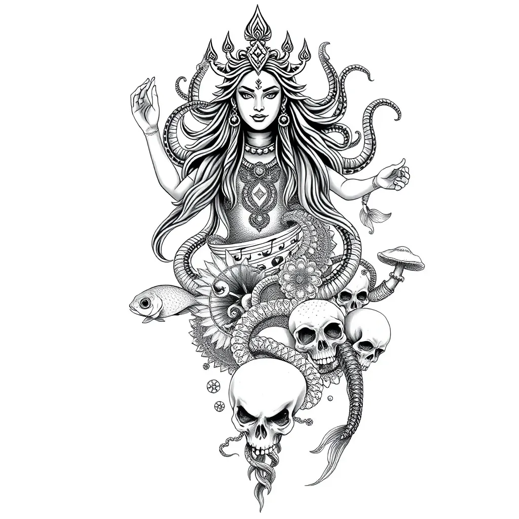 ‘n Illustratiewe volmou-komposisie wat Kali- en Medusa-figure kombineer met koikarp- en betta-visse, ‘n seekat, natuur-sketses in Beatrix Potter-styl, vintage anatomieplate, amanitasampioene en skedee