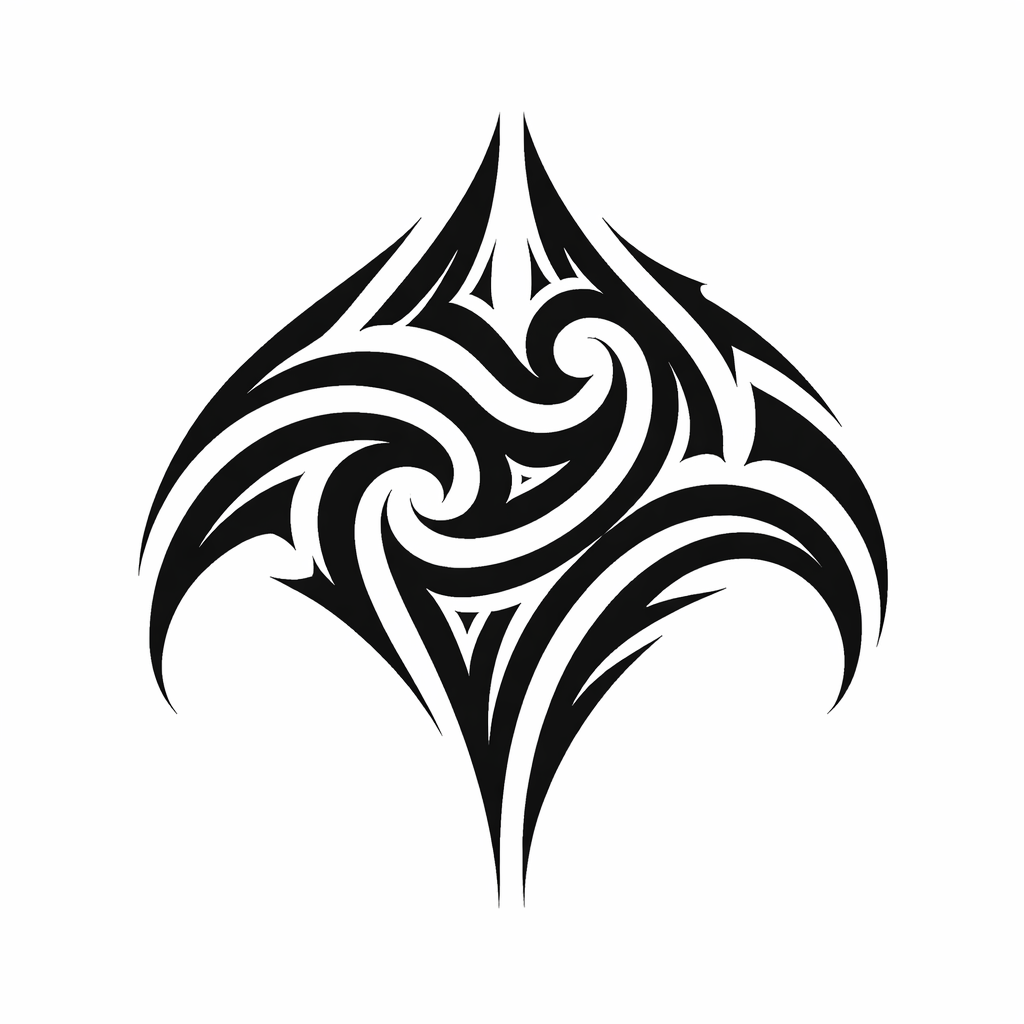Eine kleine, vollflächig schwarze Tribal-Schultertattoo mit ineinandergreifenden geschwungenen geometrischen Formen und scharfen Spitzen in einem kräftigen ornamentalen Muster