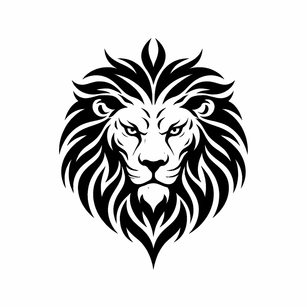 Ein kleiner Löwenkopf im Tribal-Stil, bestehend aus kräftigen schwarzen ineinandergreifenden Linien und einer stilisierten Mähne, entworfen für die Schulter im Tribal-Blackwork.