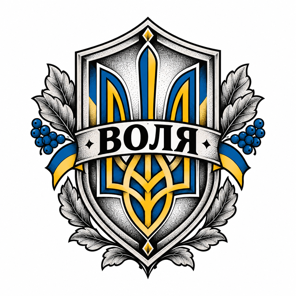 A blackwork shield containing a trident with the word VOLYA clearly integrated in the center.