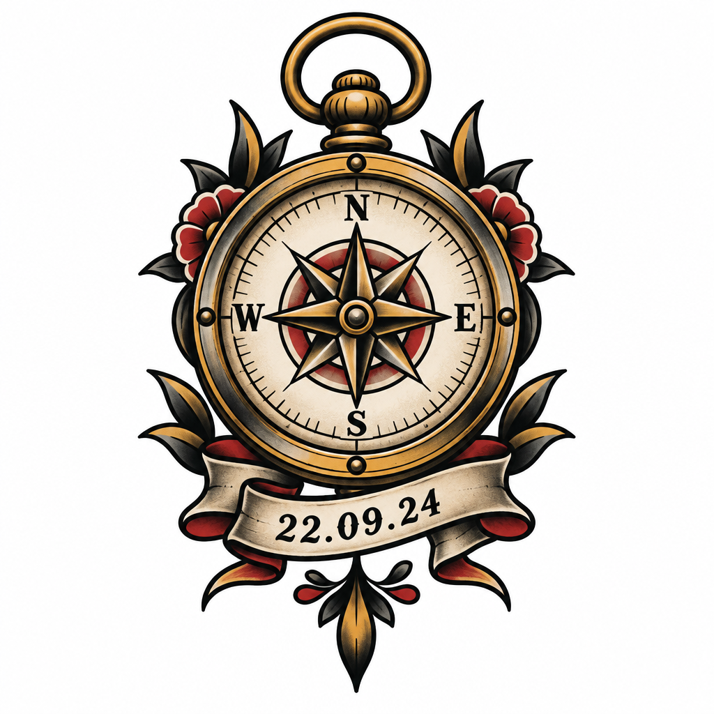 A minimalist compass tattoo with the date 22.09.24 integrated beneath it in clean black ink.