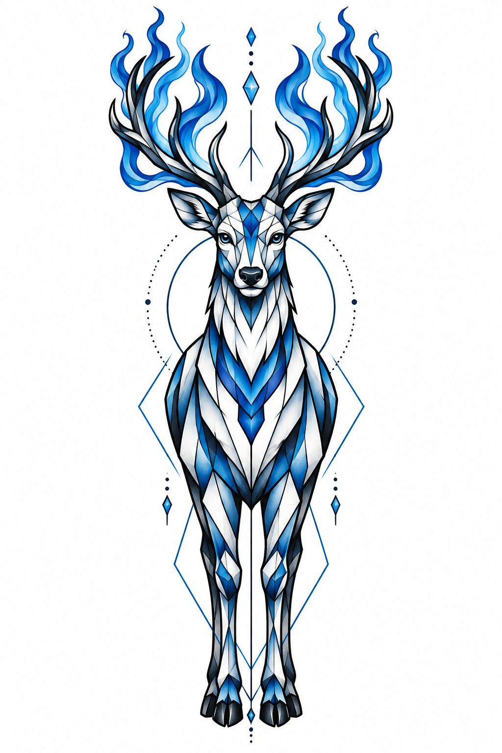 A geometric full-body stag tattoo with blue flames rising from its antlers in bold angular linework.