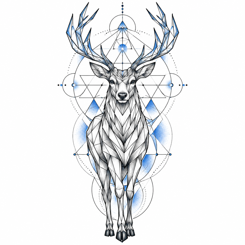 A geometric stag with sharp angular forms surrounded by a subtle blue ethereal aura.