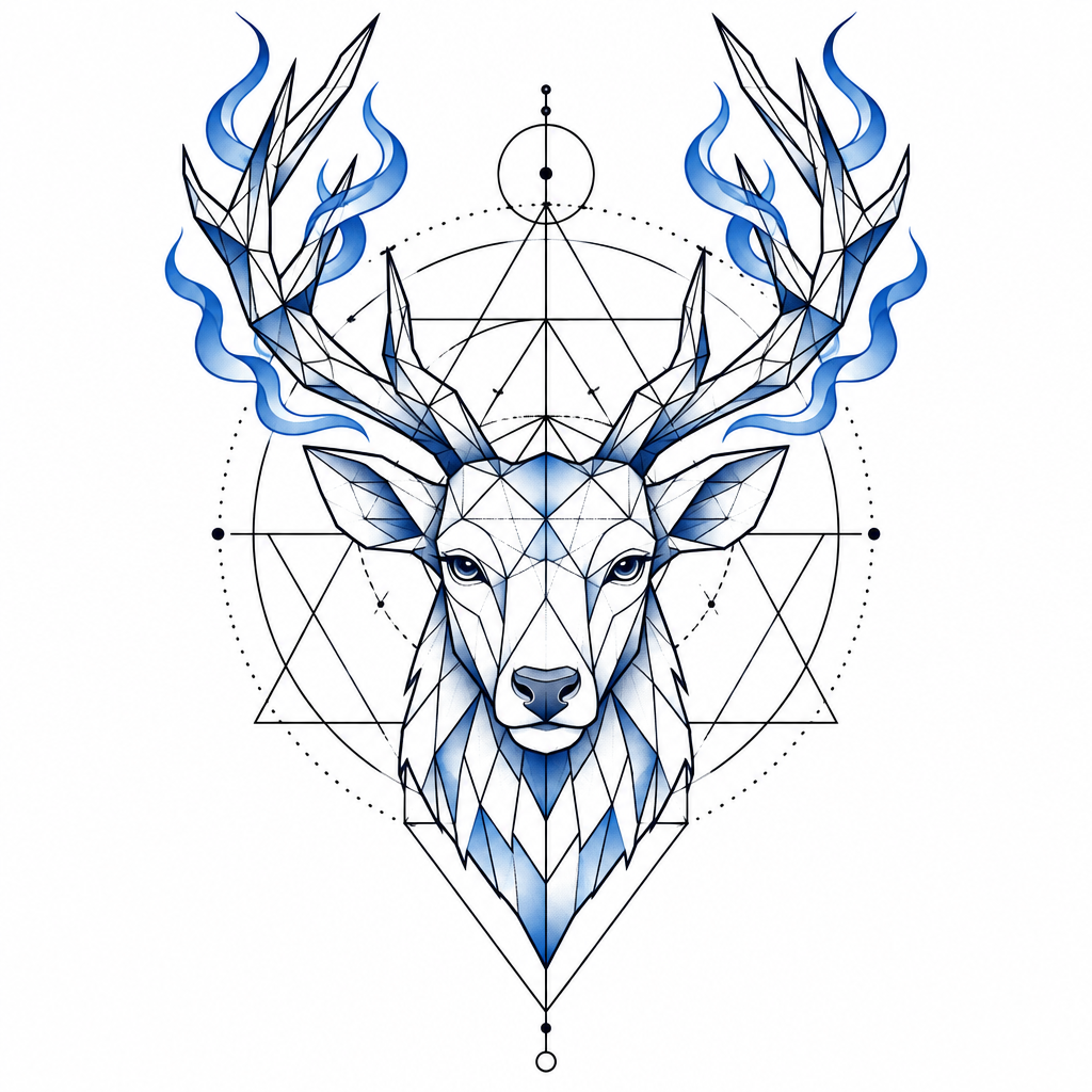 A geometric stag tattoo with angular antlers and subtle blue flames rising around it.