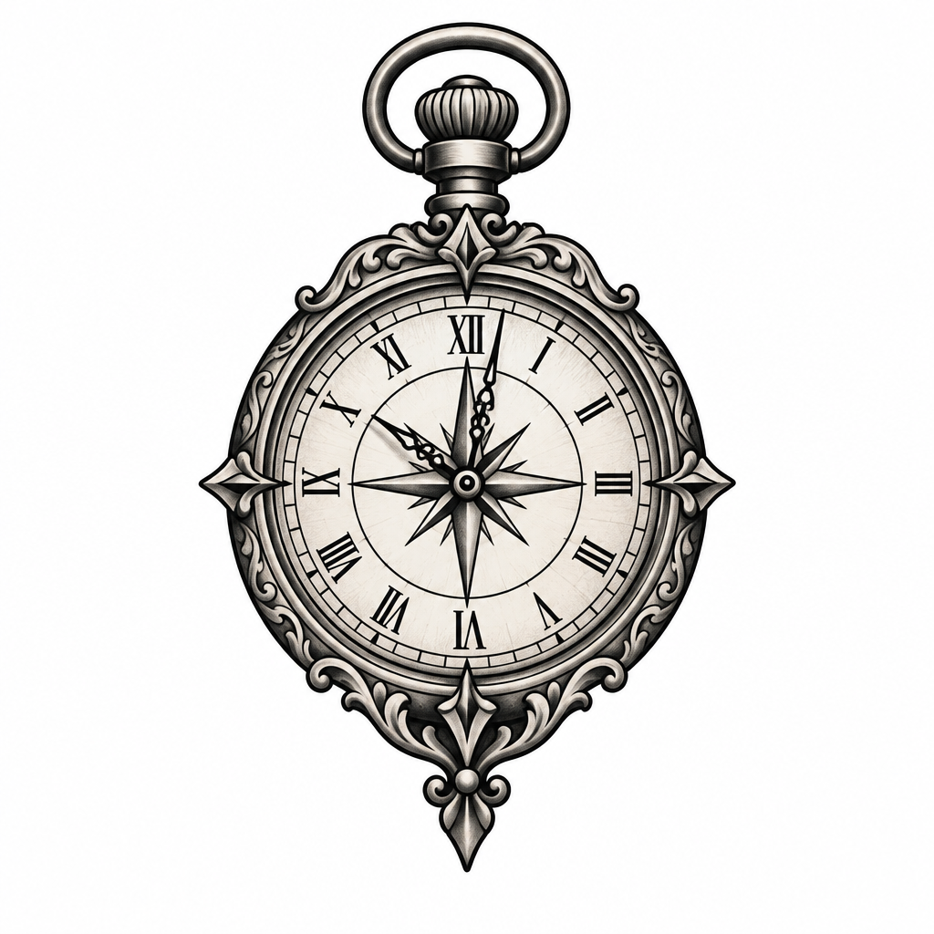 An illustrative antique clock designed like a compass, with the hands set to 10:02 and vintage navigation details.
