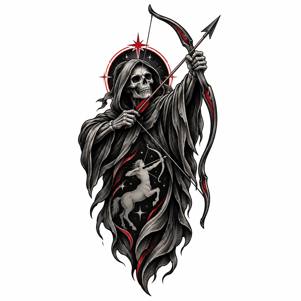 A blackwork grim reaper fused with Sagittarius imagery, holding a bow and arrow in a dark, dramatic pose.