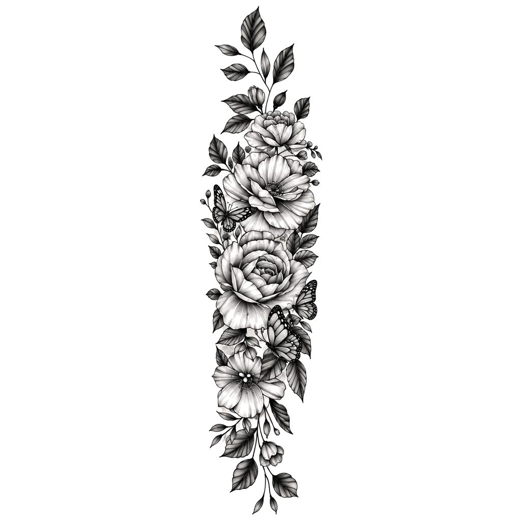 A black-and-grey floral tattoo in a long mirrored arrangement with layered roses, small blossoms, leafy sprigs, buds, and tiny butterflies.