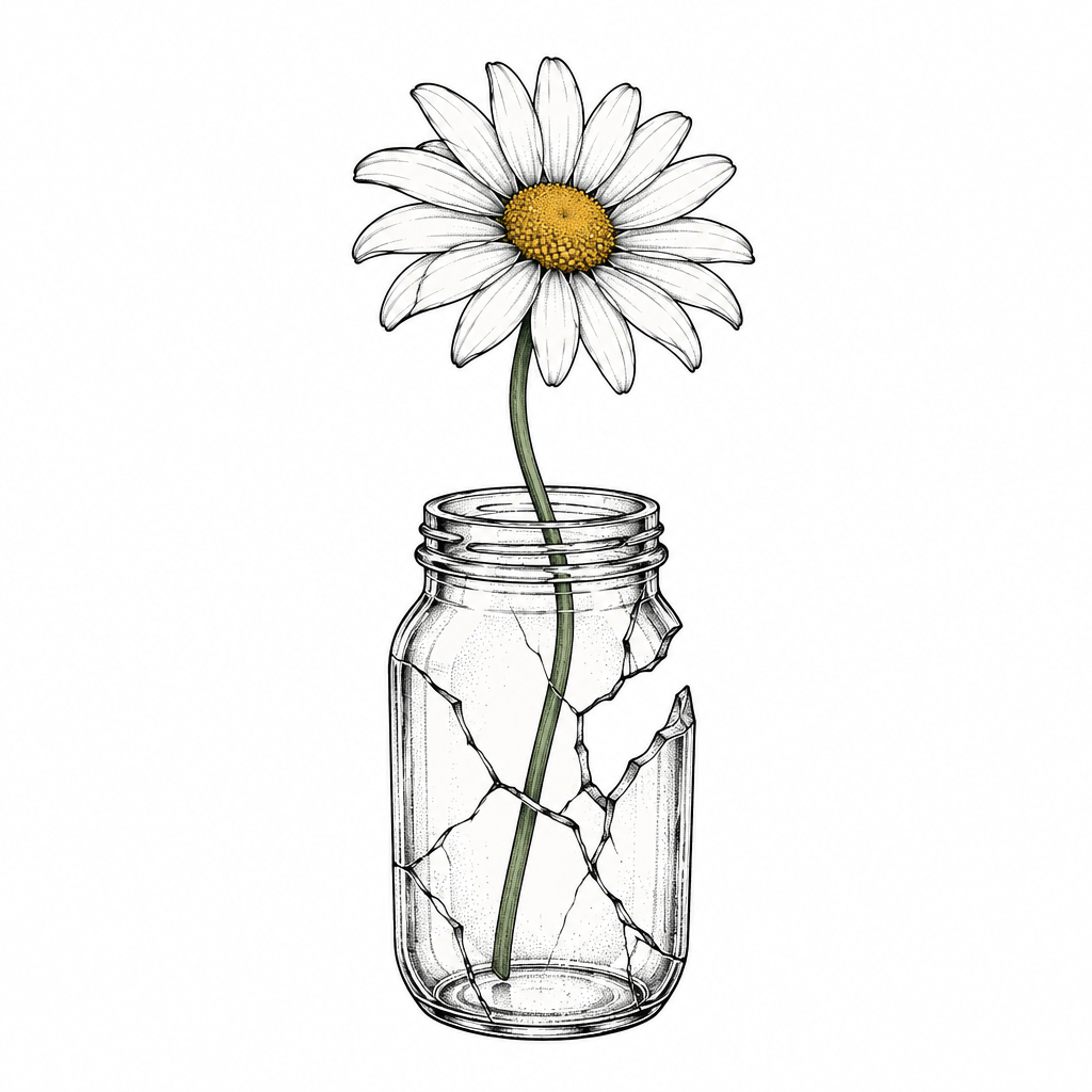 A fine-line daisy standing in a cracked jar, with delicate petals and broken glass details.