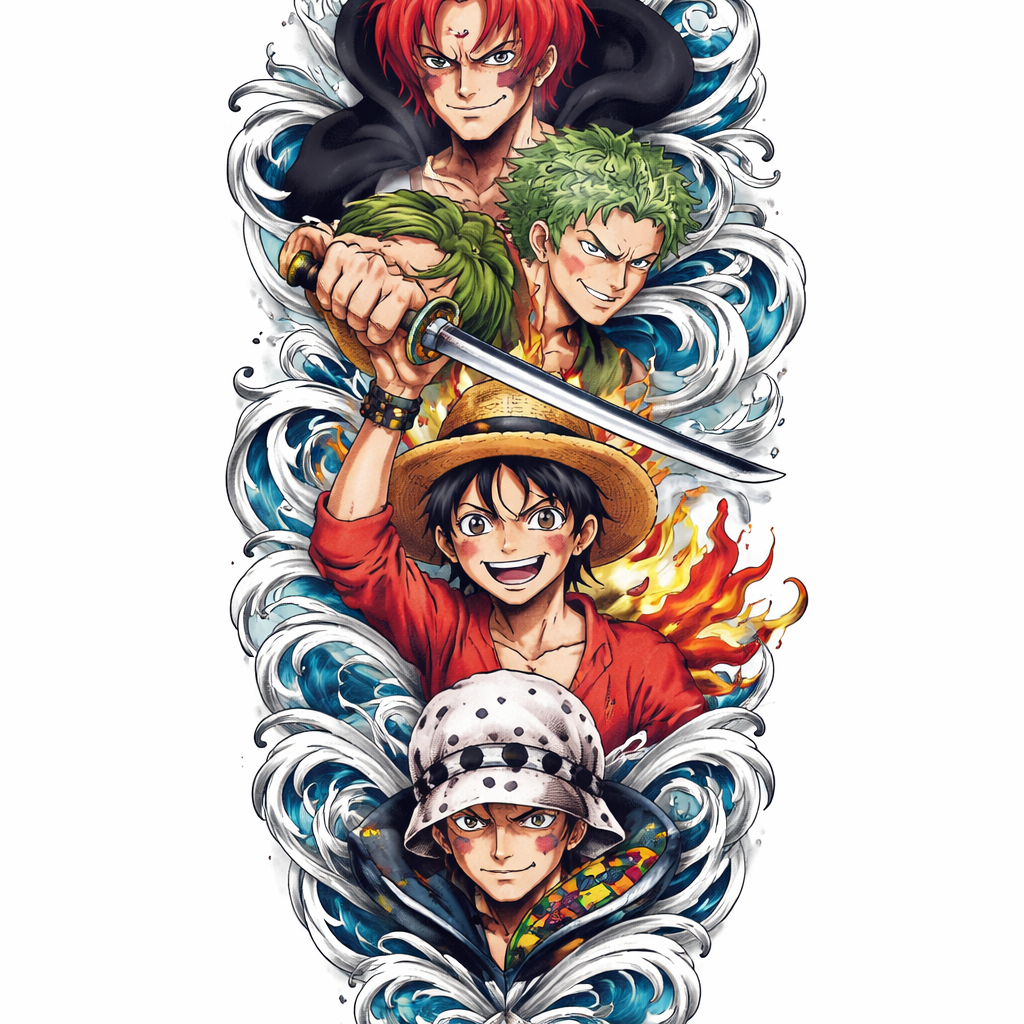 Composizione di personaggi di One Piece in stile anime a colori che si snoda lungo la gamba con volti espressivi e pose dinamiche.