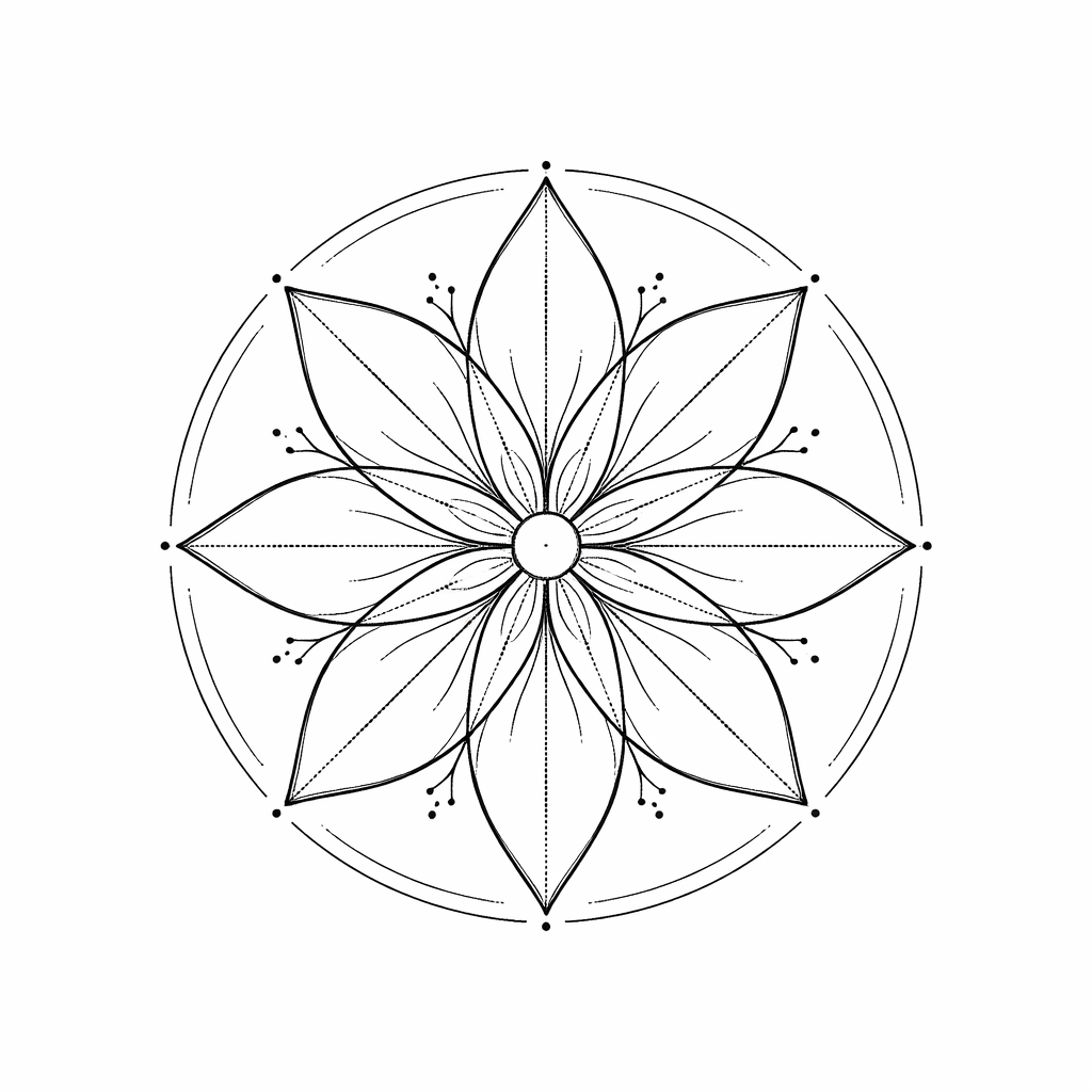 Un mandala minimalista de vuit pètals amb cercles concèntrics nets i un traç de línia senzill que forma un disseny geomètric equilibrat
