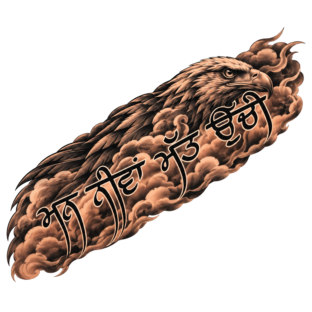 A flowing South Asian script tattoo with dark outlines and smoky brown-black shading, set over an eagle background motif.
