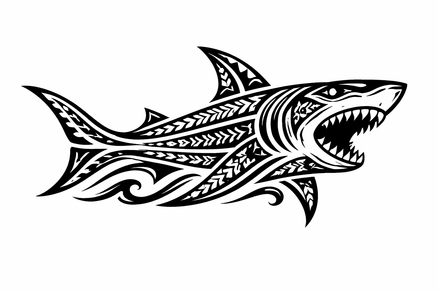 Ein polynesisch inspiriertes Tribal-Hai-Profil, aufgebaut aus markantem schwarzem geometrischem Linework, dreieckigen Zähnen, Wellenmotiven und Negativraum, der Bewegung vermittelt.