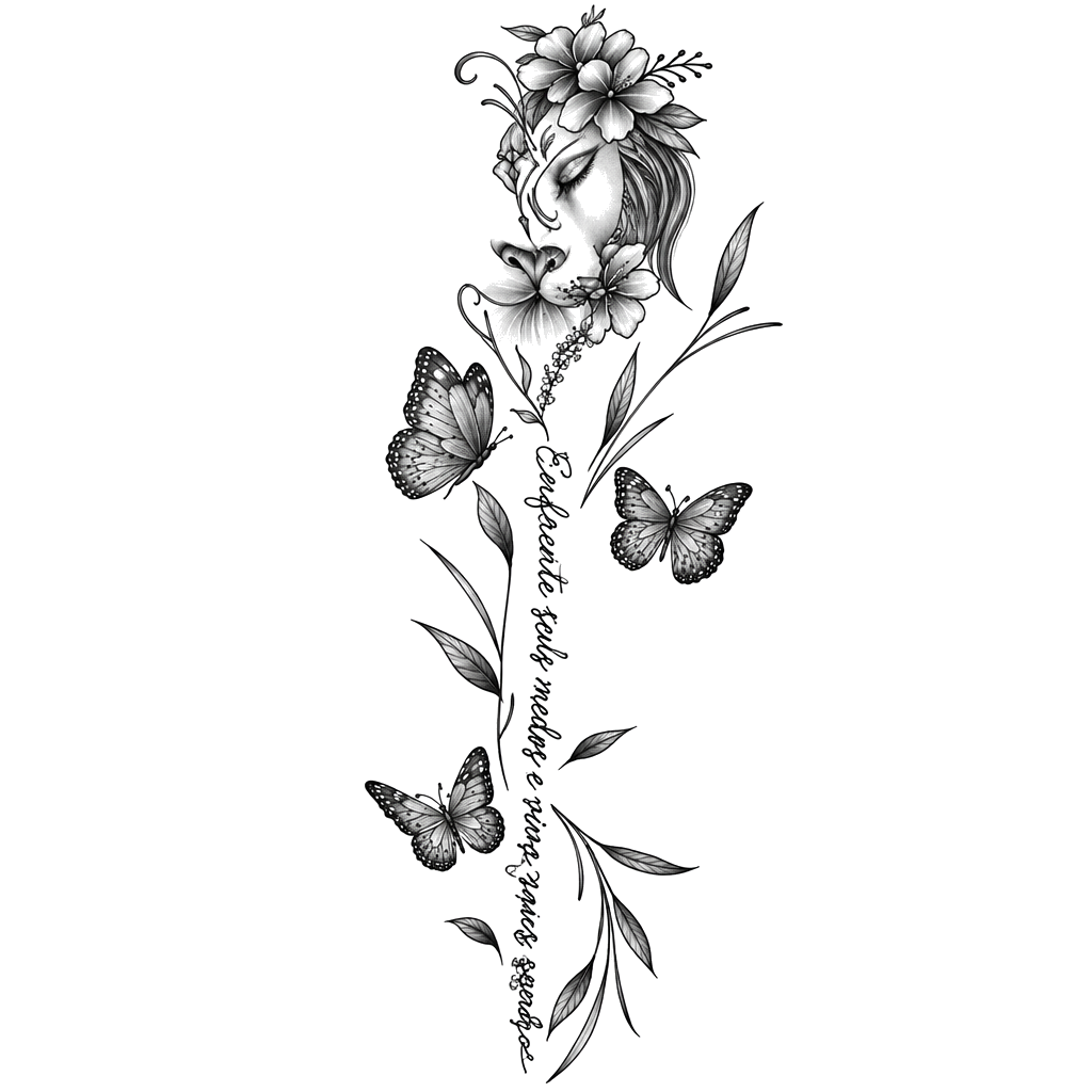 An illustrative black and grey tattoo of a feminine face with flowers, butterflies, and delicate foliage arranged in a tall vertical composition with cursive script down the center.