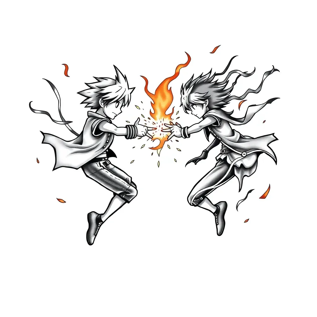 Anime-style scene of Roxas clashing with Axel—Roxas wielding two Keyblades and Axel throwing flaming chakrams in a dynamic battle pose.