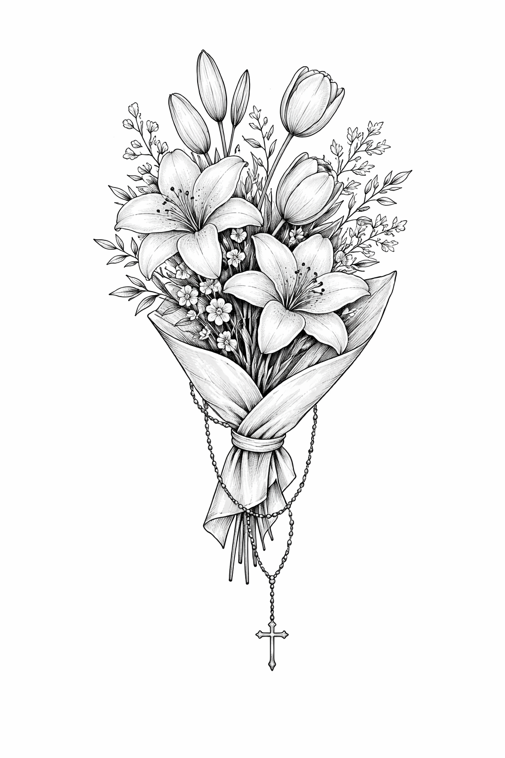 Un ram de traç fi de lliris, tulipes i flors variades embolicat amb diari, amb un rosari senzill penjant sobre l’embolcall, representat amb delicadesa