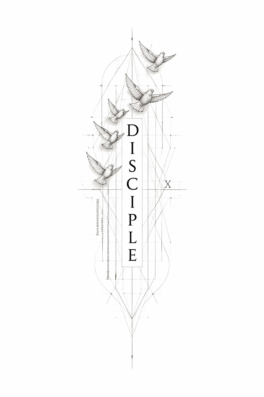 Tatuatge a l'avantbraç de traç fi amb 'DISCIPLE' en serif vertical com a eix central, text de definició invertida, un marc subtil de cercle i triangle, una creu amagada, tres a cinc ocells en ascens,