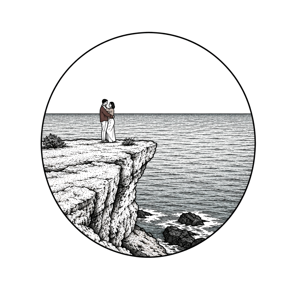 An illustrative vignette of two small figures embracing on a rocky cliff above a calm sea with a simple horizon.