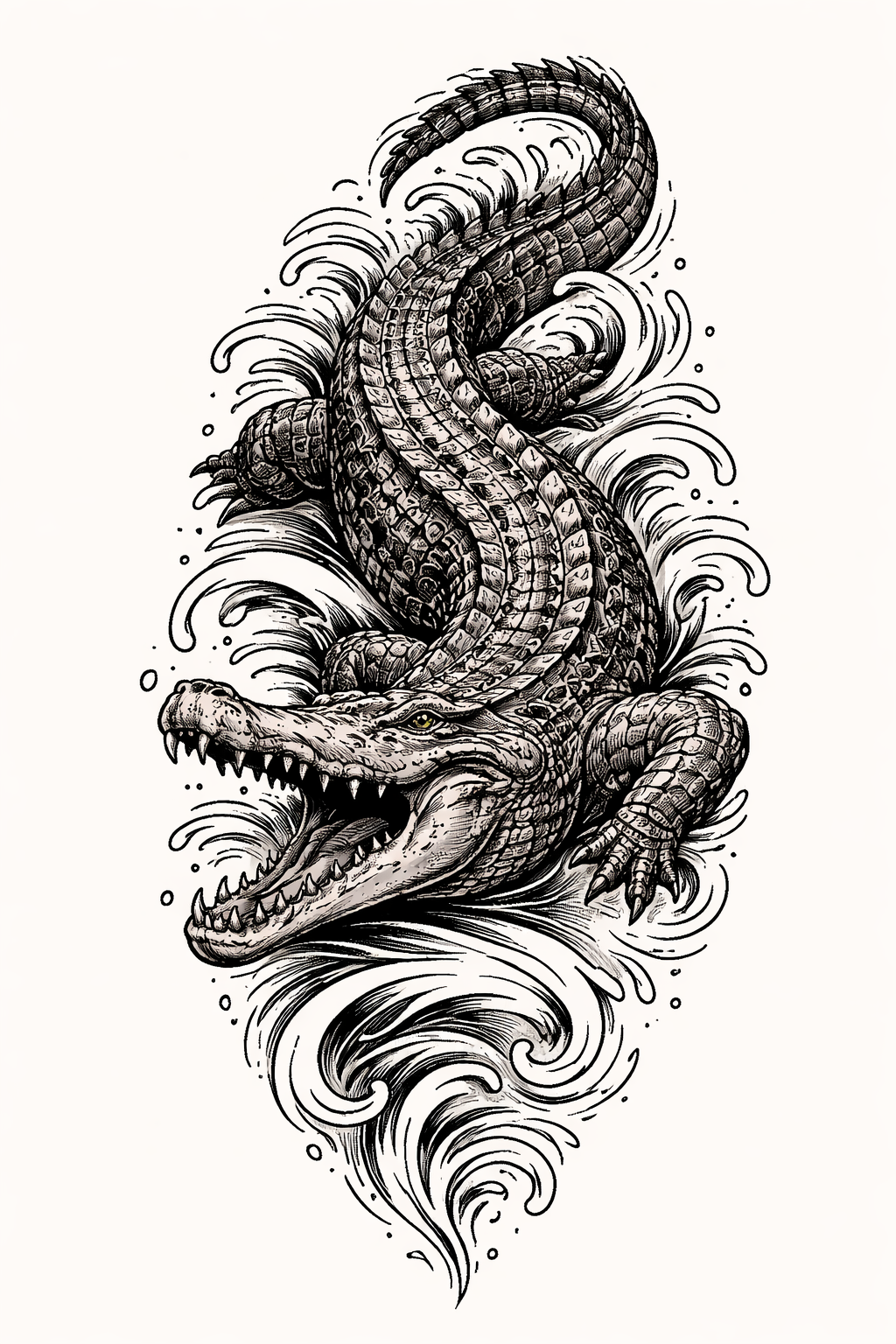 A stylized crocodile rendered in tribal blackwork with Filipino animist motifs and ornamental geometric patterns, honoring ancestral spirit beliefs.