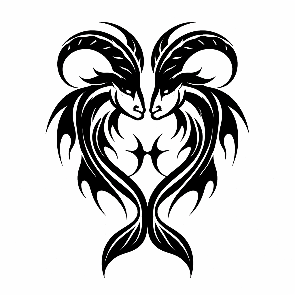 Černá kmenová fúze symbolů Ryb a Kozoroha, ryby a mořského kozla, propojených do výrazné, symetrické znamení zvěrokruhu.