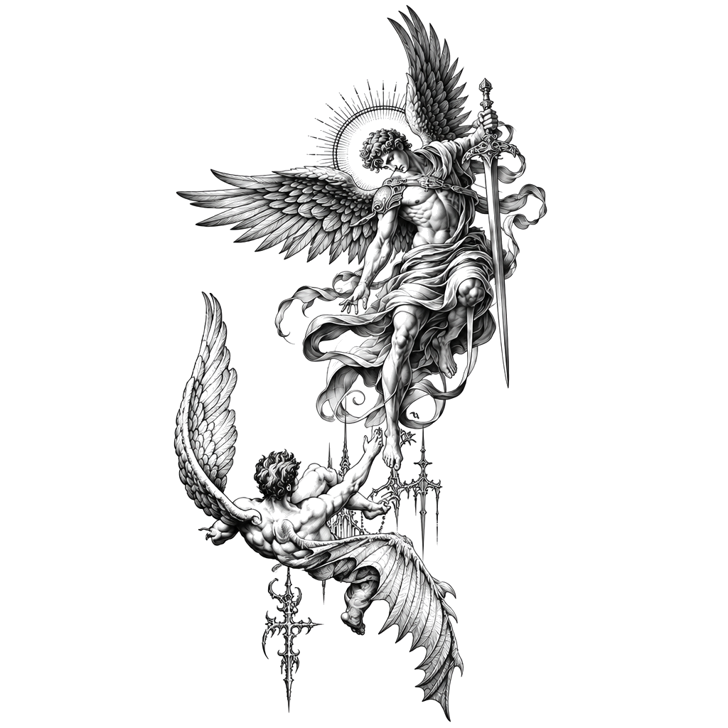 A monochrome vertical tattoo of two winged angelic figures facing each other, with a haloed robed figure above, a muscular figure below, swords, flowing garments, peonies, and the date 20.6.1987.