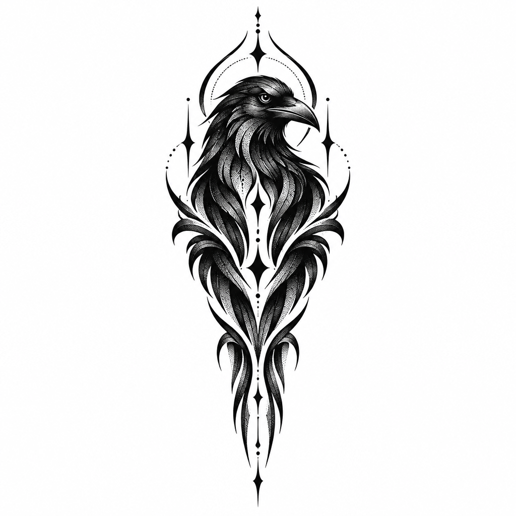 A dark blackwork tattoo design intended for the neck with bold shadowy elements and a minimal moody feel.