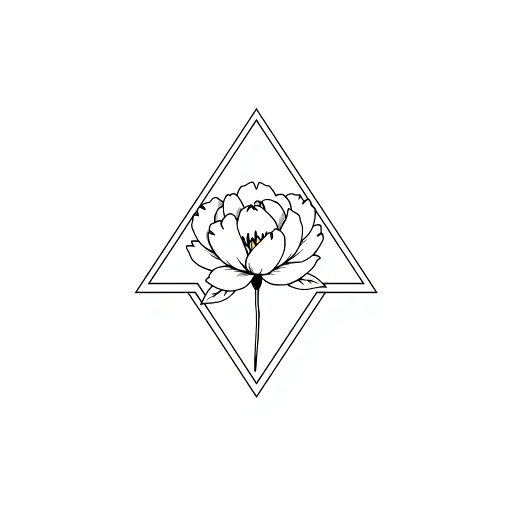 Un triangle minimalista de línia fina amb petits punts al llarg de les vores i una peònia petita i senzilla que s'entrellaça per un costat, fet amb un traç negre delicat