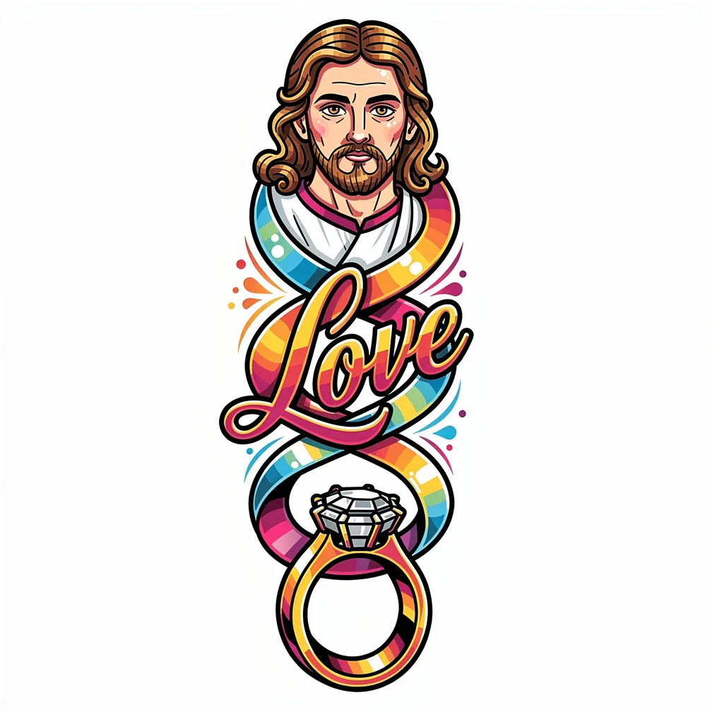 A bold new-school tattoo showing an infinity loop formed by interlocked wedding rings, a radiant cross and a heart with bright, playful shading.