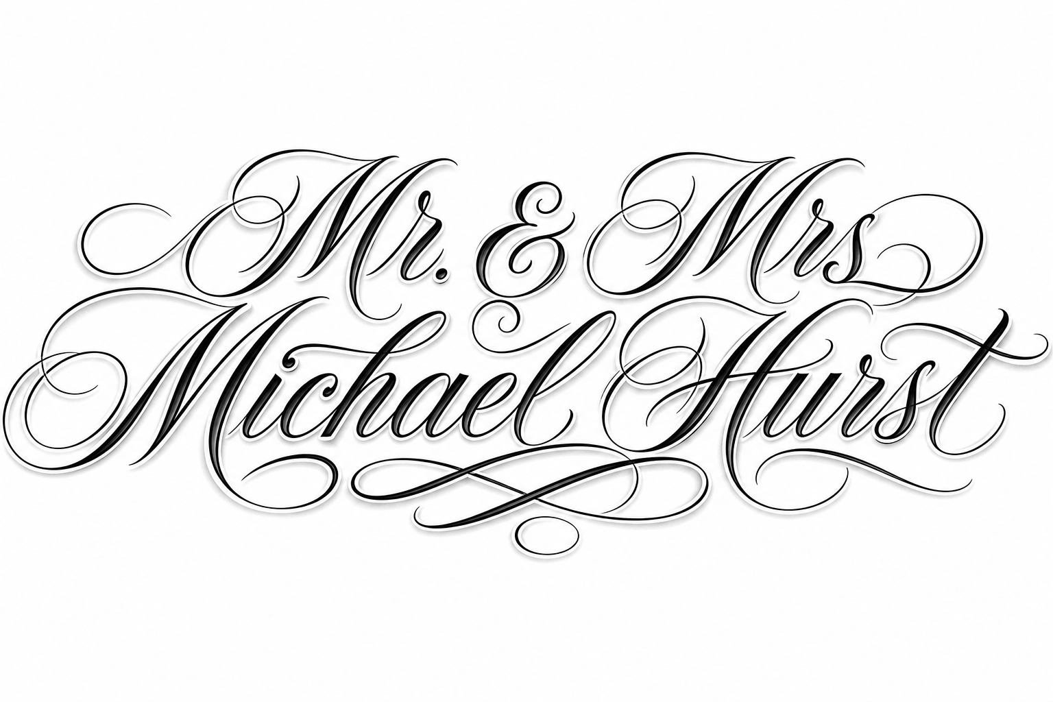 Κομψά καλλιγραφικά γράμματα που γράφουν «Mr. & Mrs. Michael Hurst» με διακοσμητικές καμπύλες, κατάλληλο για τατουάζ ονόματος/γάμου