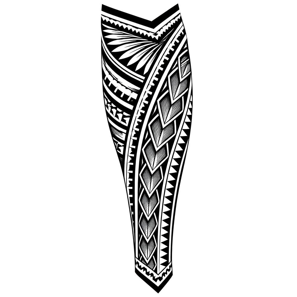A clean geometric tattoo panel with radiating rays, a central braid, and angular borders in a tapered calf design.