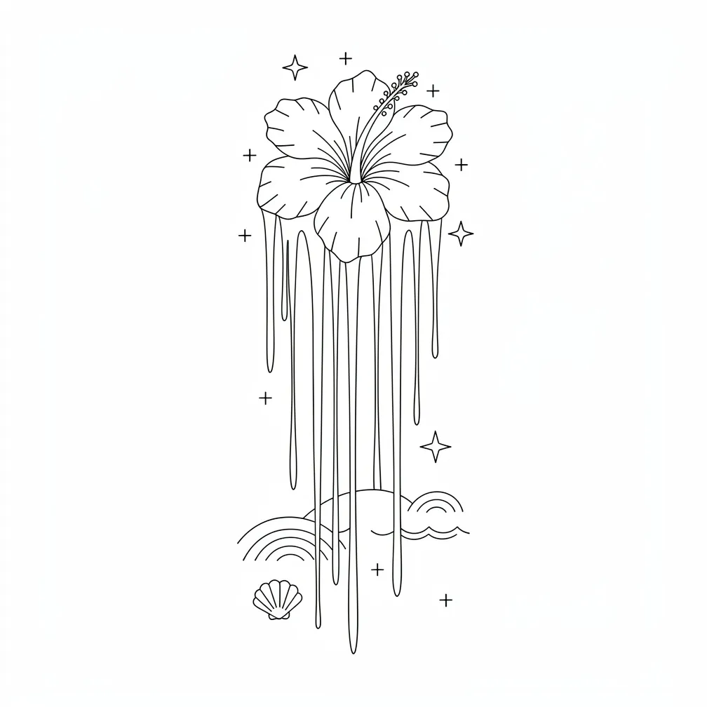A minimalist fine-line hibiscus cluster with petals extending into flowing lines, small sparkles, and subtle ocean accents like wave curves.