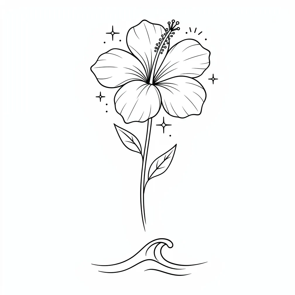 A minimalist fine-line hibiscus side tattoo with petals extending into flowing lines, tiny sparkles, and subtle ocean accents.