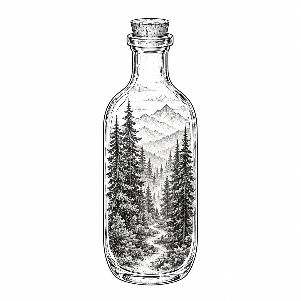 An illustrative evergreen forest contained inside a glass bottle, creating a surreal miniature landscape tattoo.