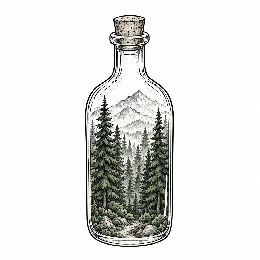 An illustrative evergreen forest contained inside a clear glass bottle, creating a surreal miniature landscape.