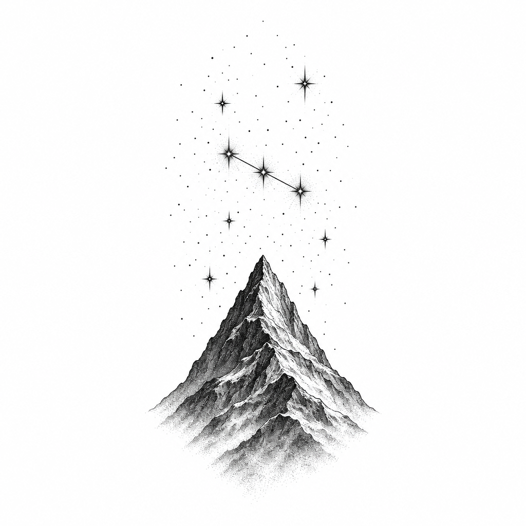 A fine-line constellation of Orion's Belt hovering above a mountain peak in a minimalist celestial scene.