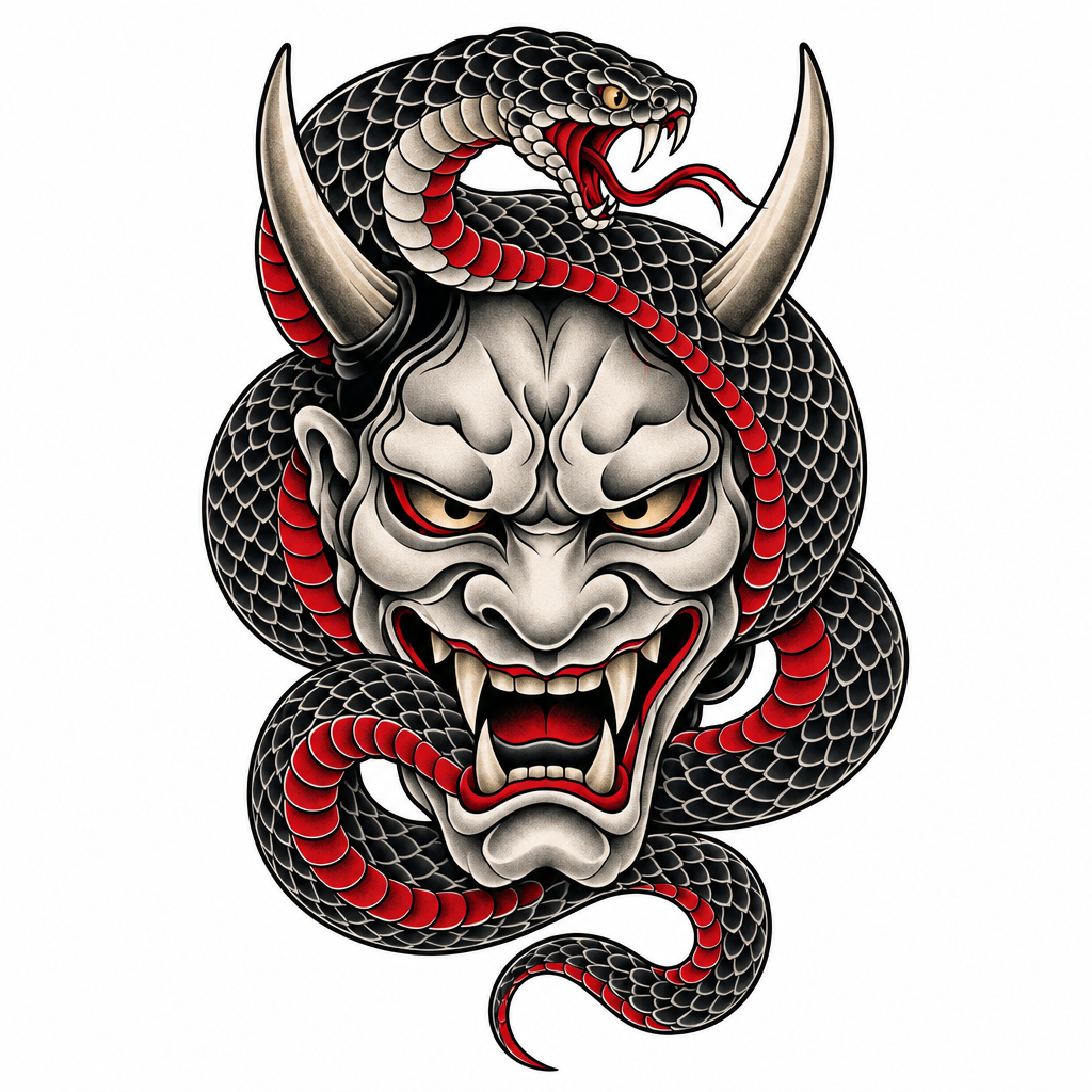 A Japanese-style Hannya mask entwined with a coiled serpent, combining sharp demon features with sinuous scales.