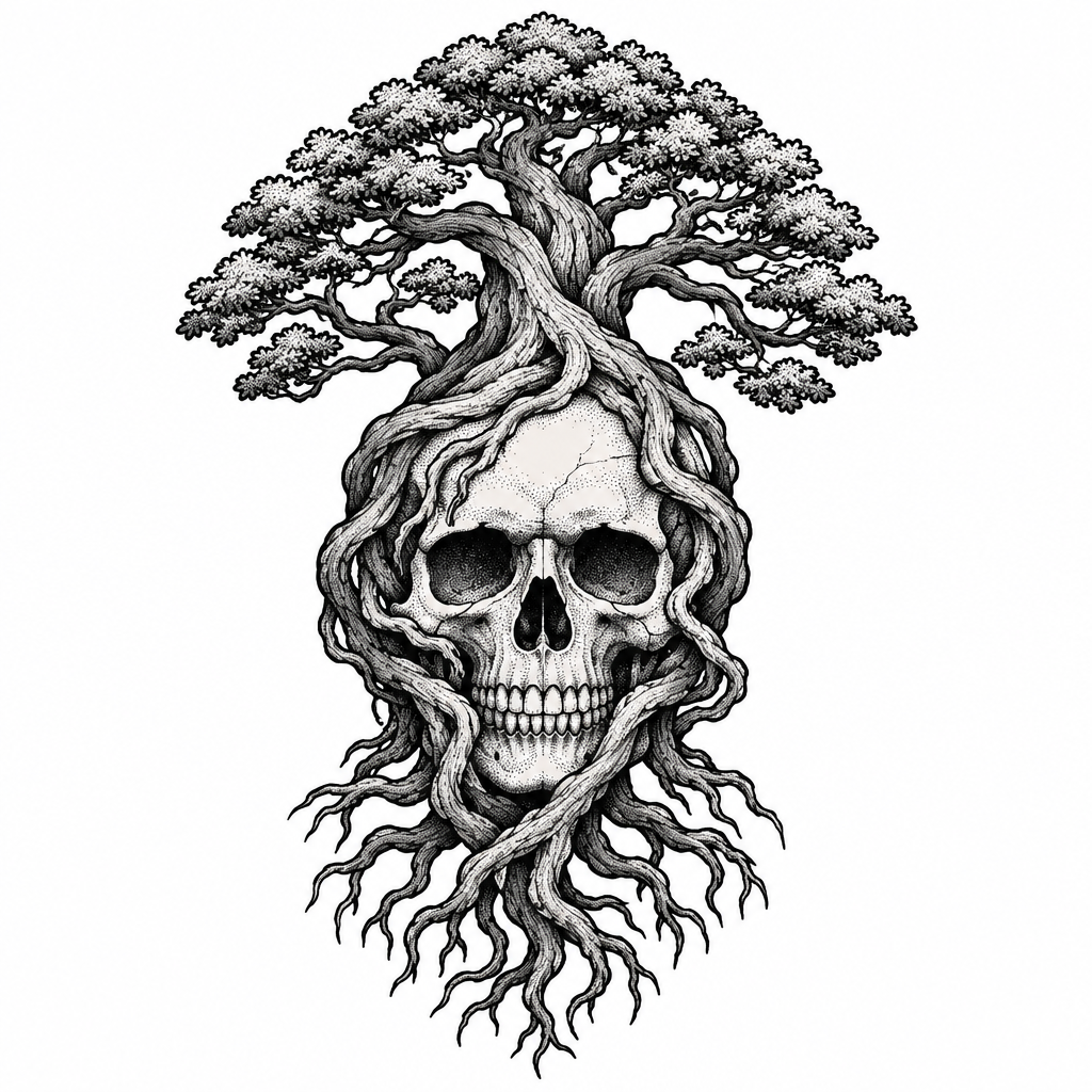 A blackwork Yggdrasil motif with twisting roots wrapped around a skull.