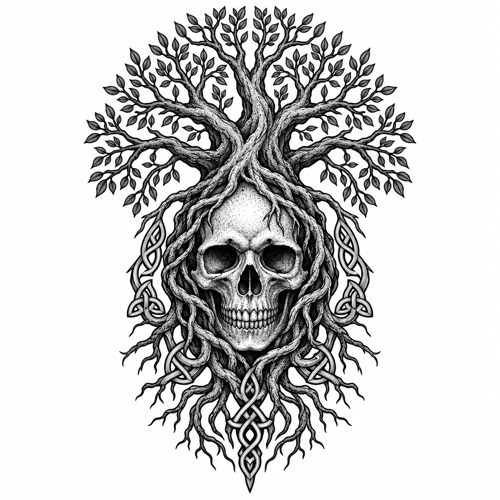 A blackwork Yggdrasil root system wrapping around a skull in a dark Norse-inspired composition