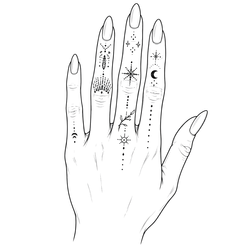 A fine-line illustration of the back of a slender hand with long almond nails and small celestial finger tattoos, isolated on white.