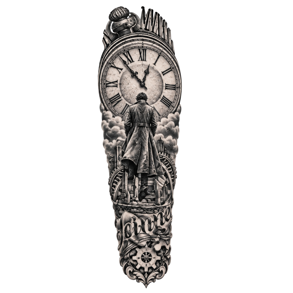 A black and grey forearm tattoo design featuring an antique clock set above a back-view figure in a long coat, with clouds, ornate lettering, and mechanical details.