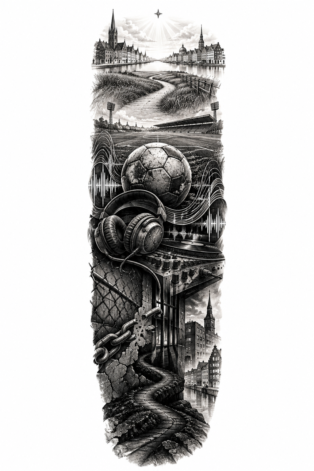 A black-and-grey illustrative outer sleeve with a worn football, subtle audio gear, gritty urban textures, and soft negative space leading to a small distant star.
