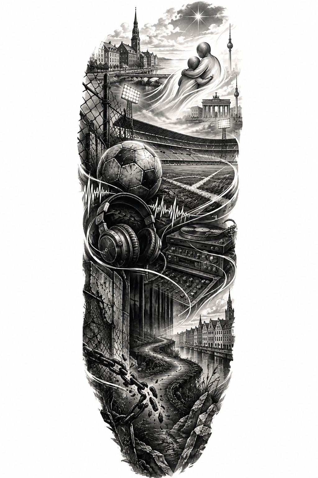 A black-and-grey realism outer sleeve showing a worn football, hip-hop elements, gritty urban textures, a distant star, and increasing light toward the shoulder.